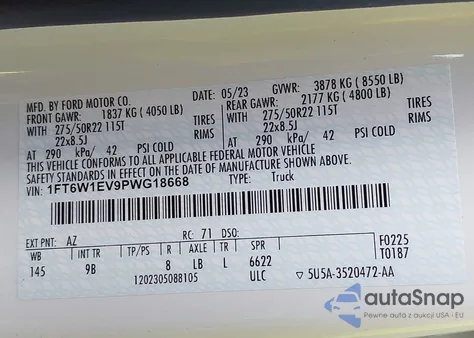 2023 Ford F-150 Lightning Platinum z USA, uszkodzony, nr VIN 1FT6W1EV9PWG18668